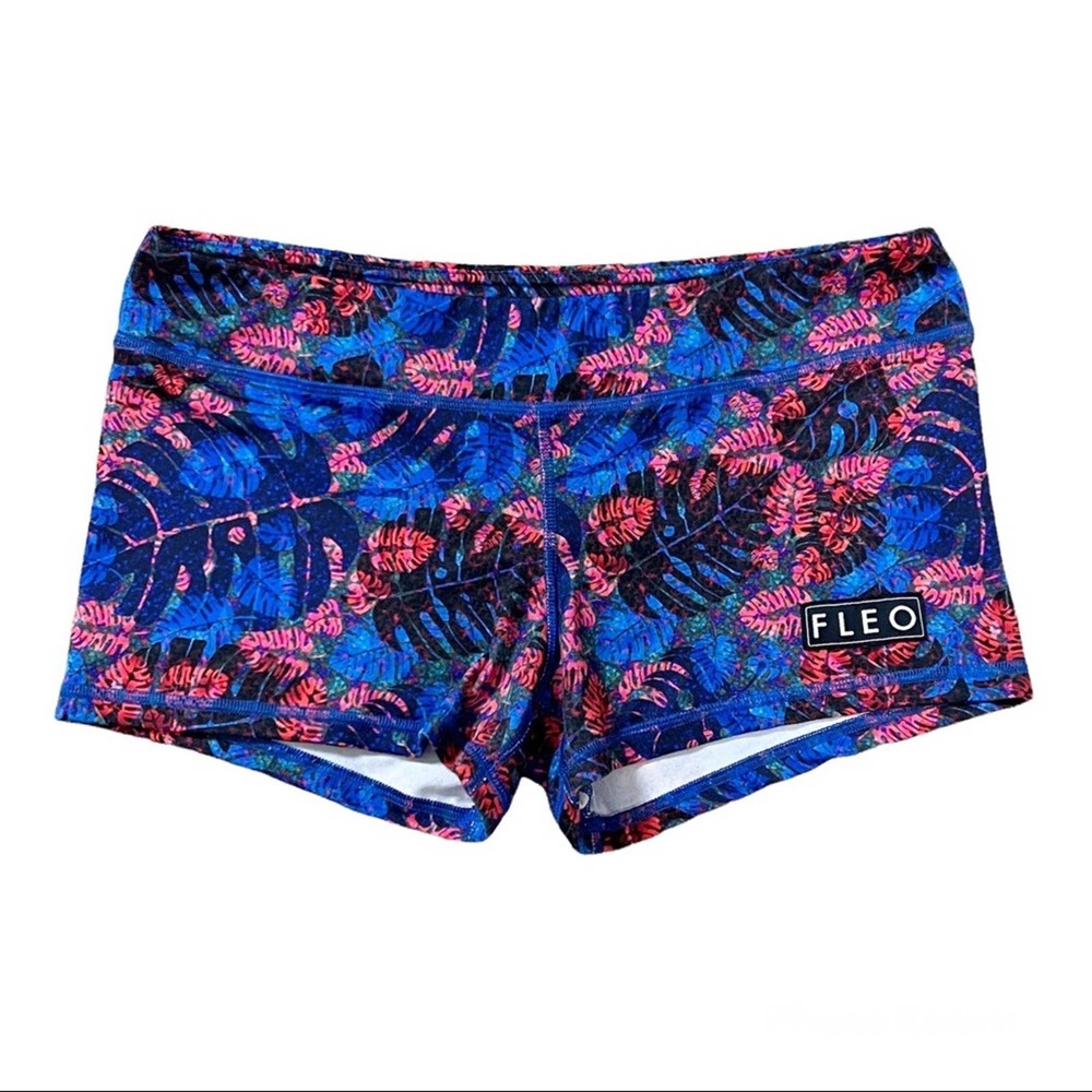 Fleo XL Colorful Leaf Print Booty Active Shorts Blue Pink
